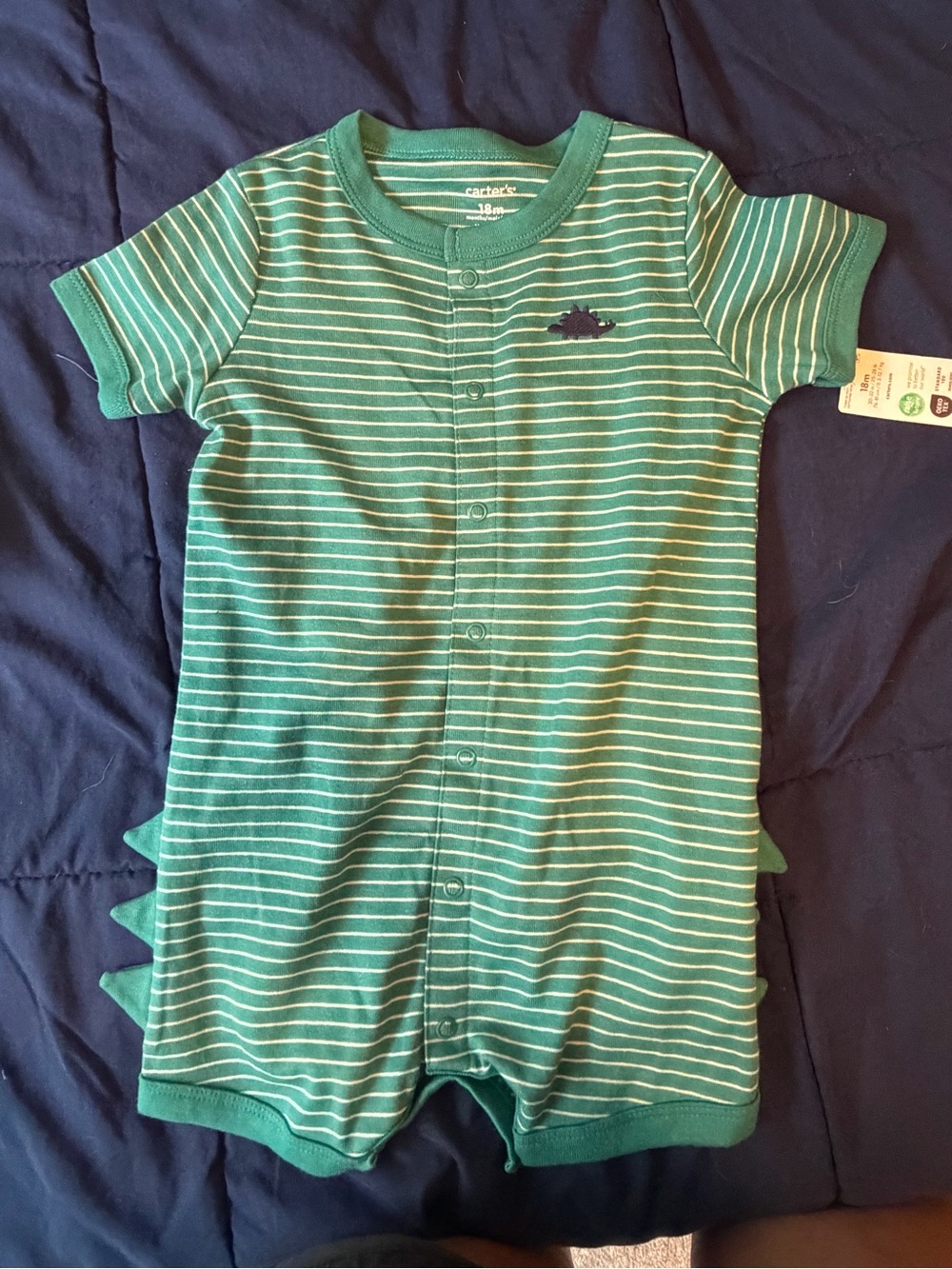 Carter's Green and White Striped Dinosaur One-Piece